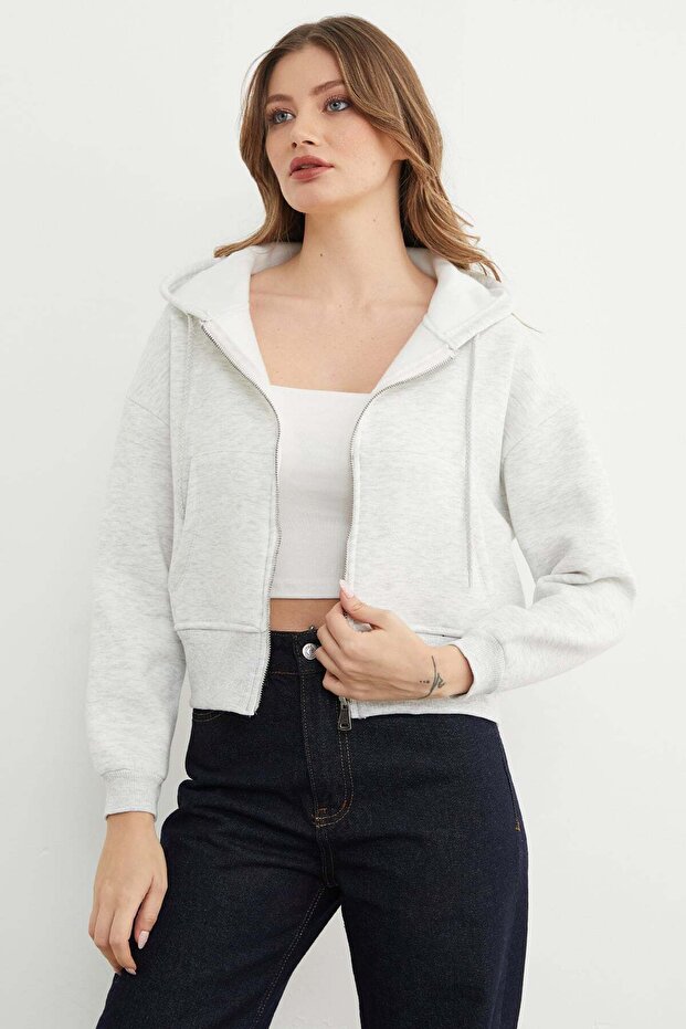 Basic Fermuarlı Kapüşonlu Crop Sweatshirt - 2