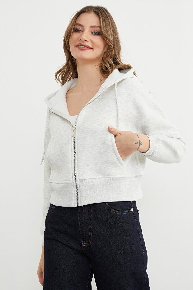 Basic Fermuarlı Kapüşonlu Crop Sweatshirt - 6