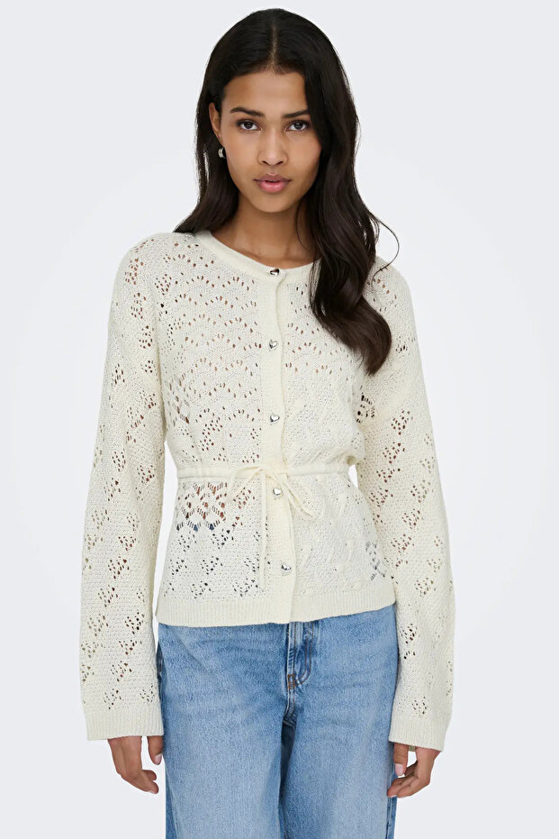 Women's Onlelke Belted Long Sleeve Cotton Cardigan 15363046 Ecru