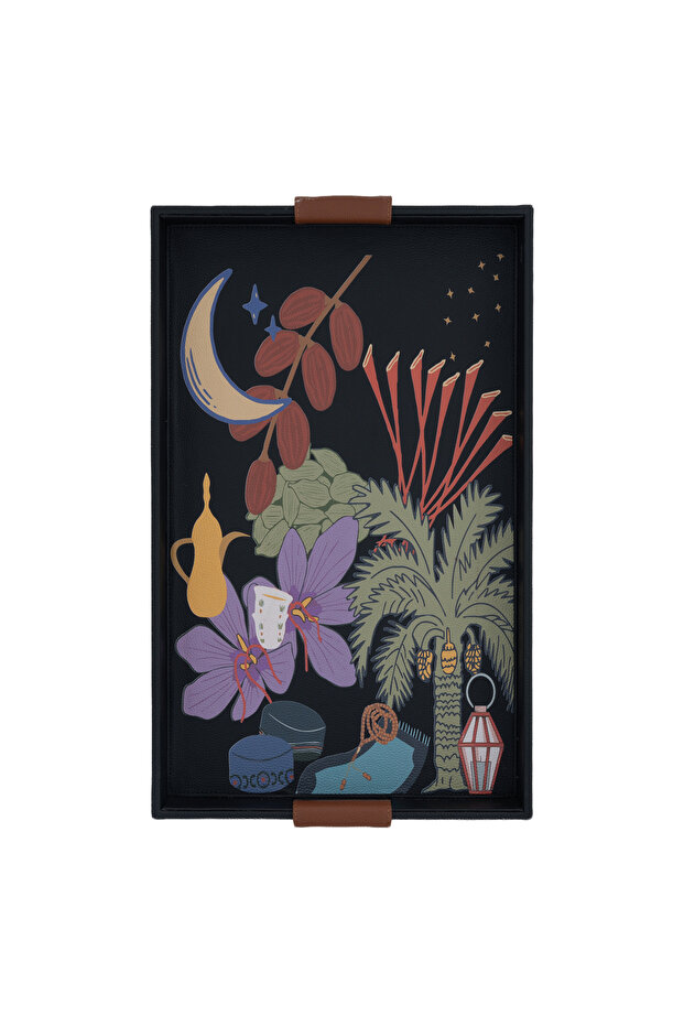 Black Serving Tray with Palm and Crescent Pattern
