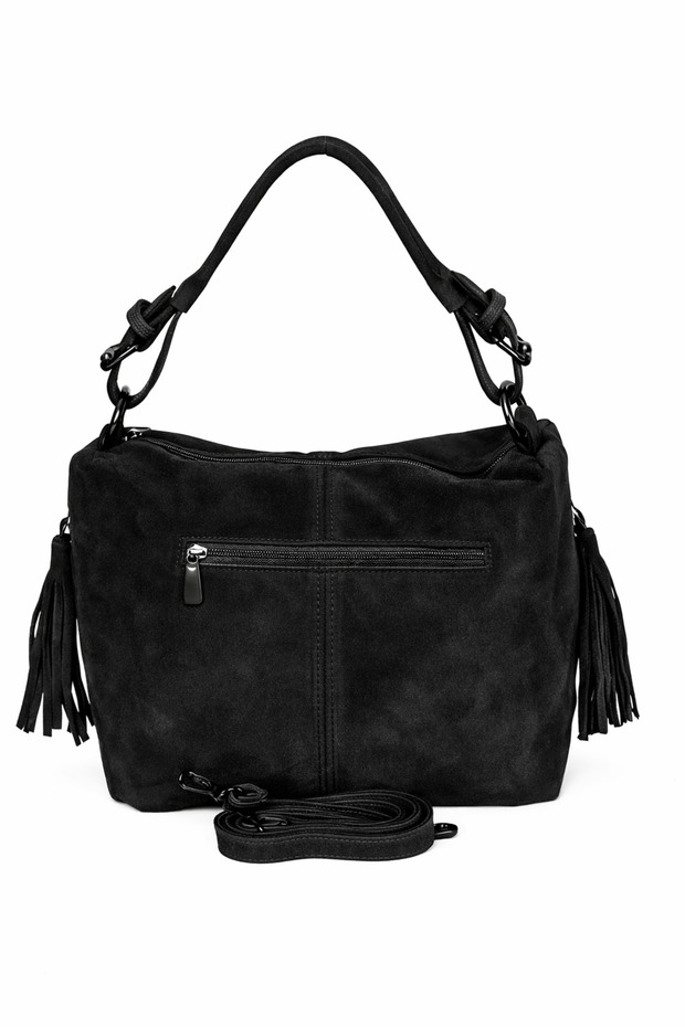 Women's Black Suede Tassel Detailed Shoulder Bag