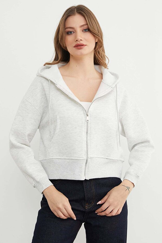 Basic Fermuarlı Kapüşonlu Crop Sweatshirt - 5