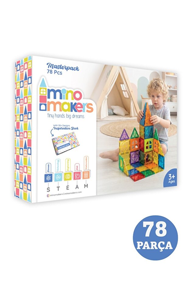 Mino Makers Manyetik Yapı Blokları - Çocuklar İçin 3 Boyutlu Renkli Mıknatıslı 78 Parça Manyetik Blok Oyun Seti