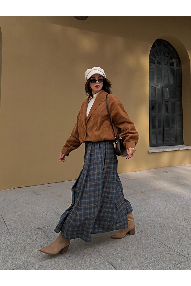 Women's Navy Blue Plaid Long Skirt with Elastic Waist 31025