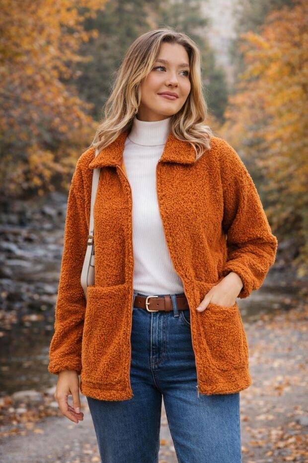 Women's Full Zip Pocket Detailed Sherpa Jacket Coat Cinnamon