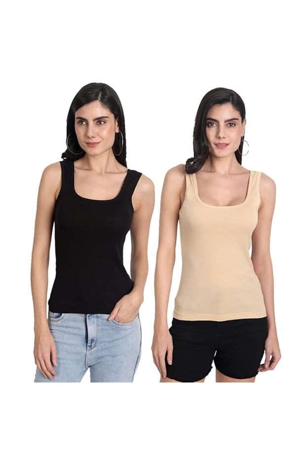 Women's Cotton Sleeveless Black & Beige Camisole Pack of 2 in Black and Beige Colors