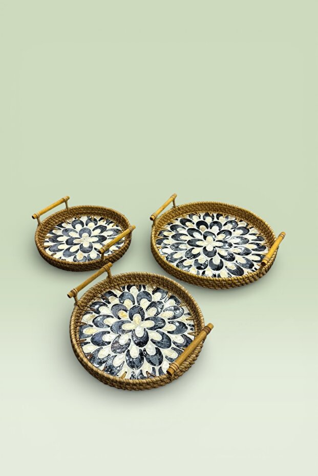 3-Piece Pearlescent Glass Rattan Tray Brown 28cm 24cm 22cm
