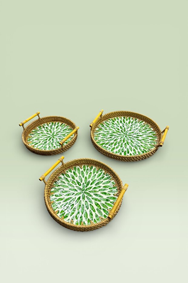 3-Piece Pearlescent Glass Rattan Tray Brown 28cm 24cm 22cm