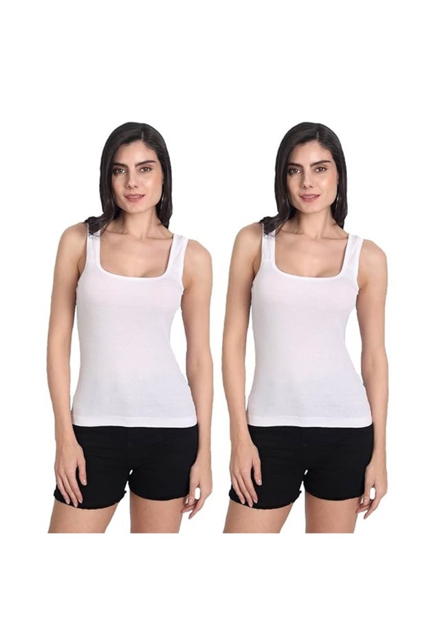 Women's Cotton Sleeveless White Camisole Slip Spaghetti Pack of 2 in White Color