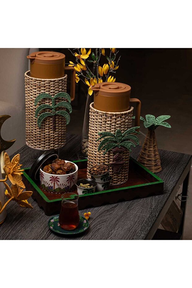 طقم فناجين شاي أخضر بنقشة النخيل من أسيب - 6