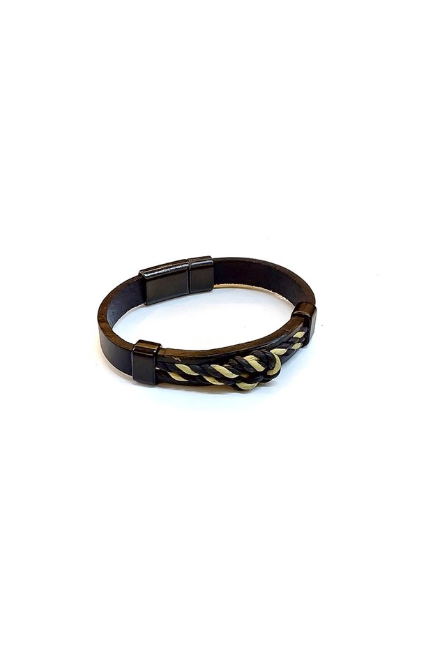 Twist Line – Black Leather Men's Bracelet with Brown Braid Detail-1436