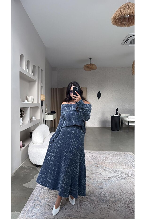 Navy Blue Vertical Striped Patterned Madonna Soft Skirt Suit