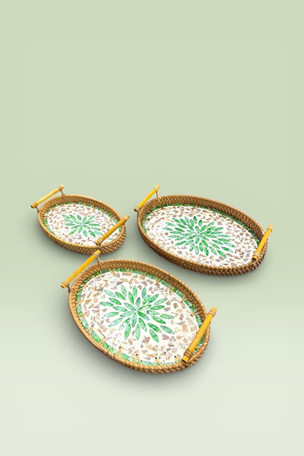 3-Piece Pearlescent Glass Rattan Tray Brown 34X23Cm 30X21Cm 27X17Cm