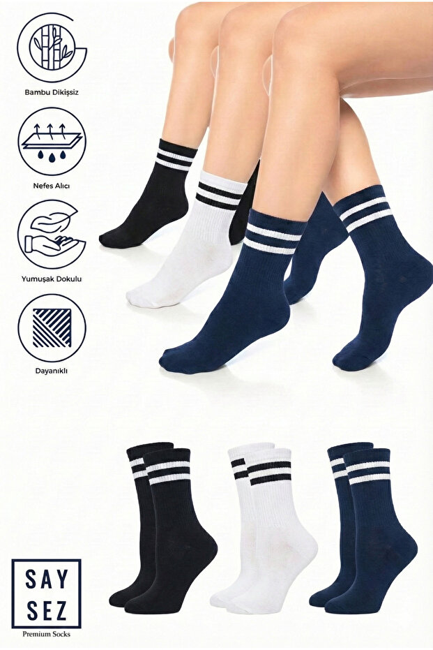 Bamboo Unisex Tennis College Striped Black-White-Navy Blue Premium Stitch-Free Socket Socks 3-Pack