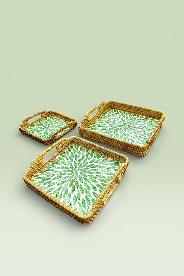 3-Piece Pearlescent Glass Rattan Tray Brown 28X28 25X25 18X18