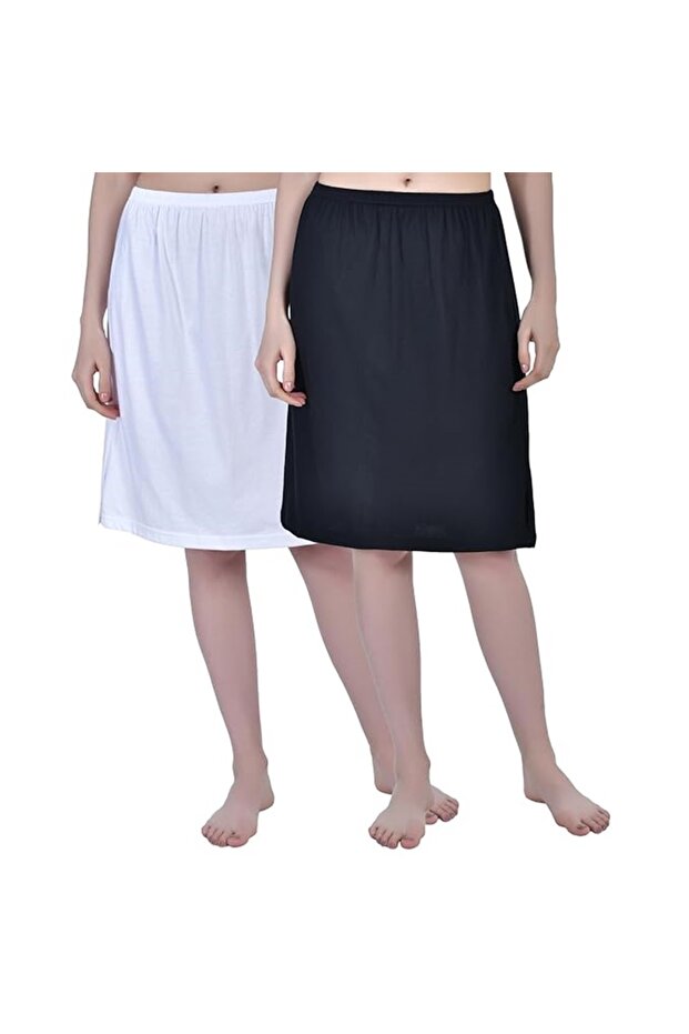 Women's Cotton Knee Length Skirt - White & Black (Pack of 2)