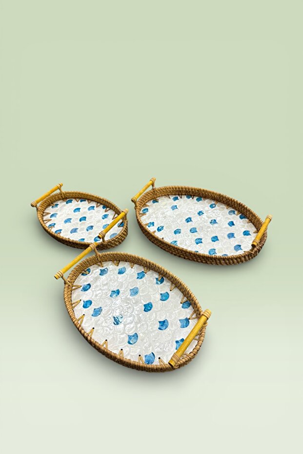 3-Piece Pearlescent Glass Rattan Tray Brown 34X23Cm 30X21Cm 27X17Cm