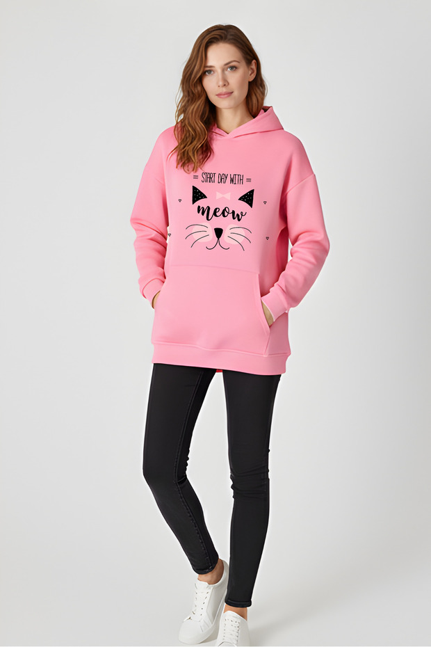 Women's'Meow' Cat Printed 100% Cotton Pink Oversized Sweatshirt