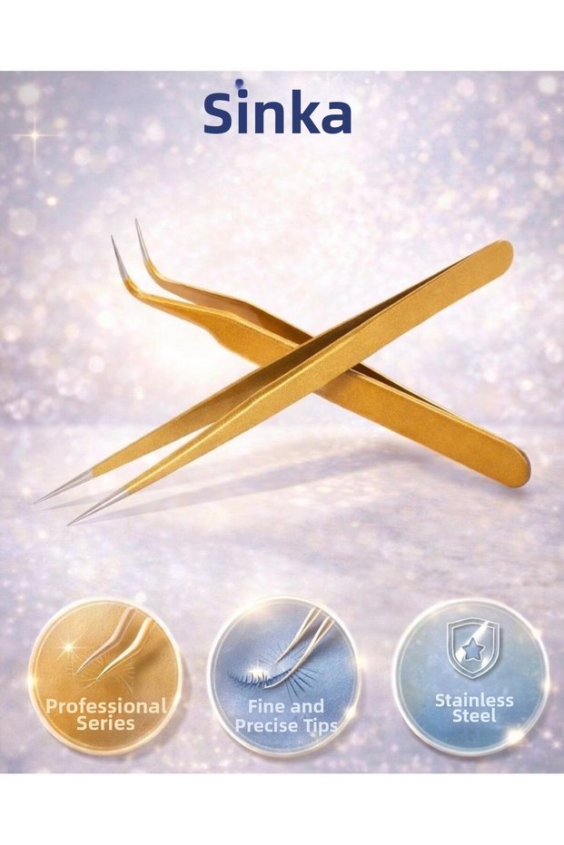 Professional Silk Eyelash and Epilation Tweezers Set of 2 Straight and Curved Gold