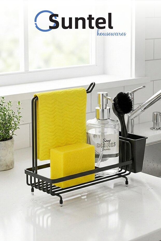 Kitchen over Sink Organizer - Black Metal Sponge Holder, Detergent Holder and Cloth Hanger Stand
