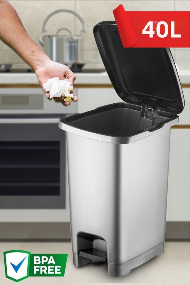 Garby Slim 40L Pedal Bin, Grey Design with Black Lid for Bathroom and Kitchen