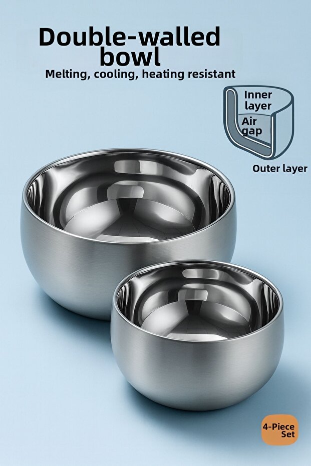 Double Wall Heat Insulated 4-Piece Luxury Bowl Set (16cm & 18cm) Premium 304 Stainless Steel 722668