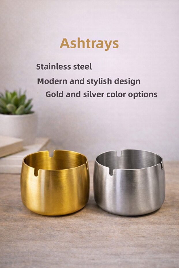 2-Piece Gold and Silver Metal Ashtray Modern Design Stylish and Elegant Ashtray Gold Silver Ash Tray