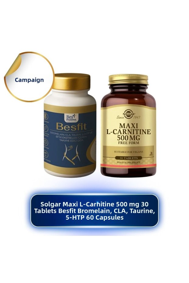 Maxi L-Carnitine 500 Mg 30 Tablets and Besfit Bromelain, Cla, Taurine, 5-Htp 60 Capsules