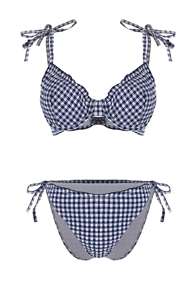Mavi Ekose Desenli Dokulu Fırfırlı Balconette Kaplı Normal Bel Regular Bikini Takımı TBESS26BT00018 - 5