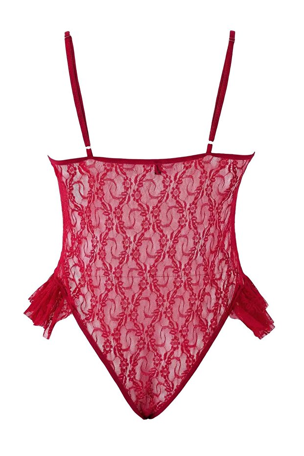 Bordo Dantel Detaylı Fırfırlı Kapsız Fantezi Büyük Beden Body TBBAW26CS00008 - 5