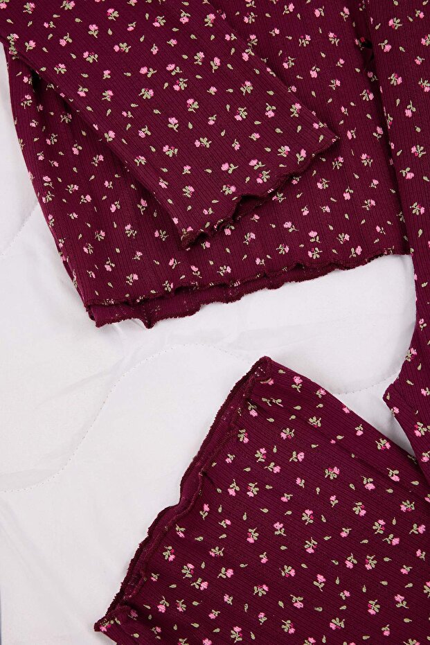 Bordo Çıtır Çiçek Desenli Fiyonklu Kaşkorse Büyük Beden Pijama Takımı TBBAW26AI00059 - 5