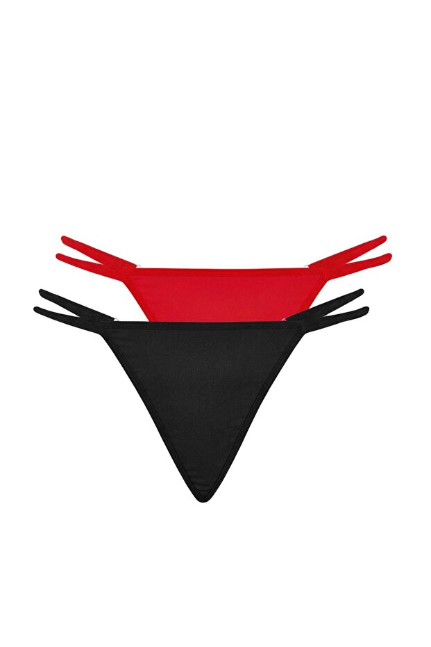Siyah-Kırmızı 2'li Micro Kalp Aksesuar Detaylı String Külot THMSS26KU00006 - 9