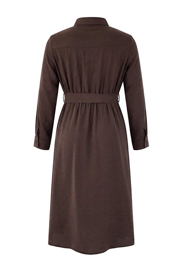 Wardrobe Essentials Kahverengi Modal Dokuma Büyük Beden Gömlek Elbise TBBSS26AH00078 - 8