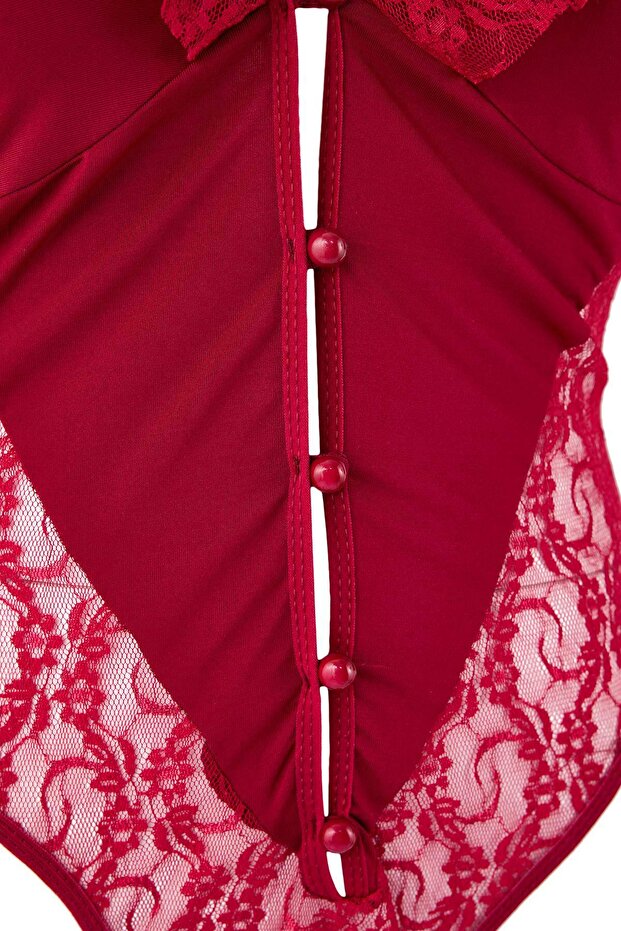 Bordo Dantel Detaylı Fırfırlı Kapsız Fantezi Büyük Beden Body TBBAW26CS00008 - 3