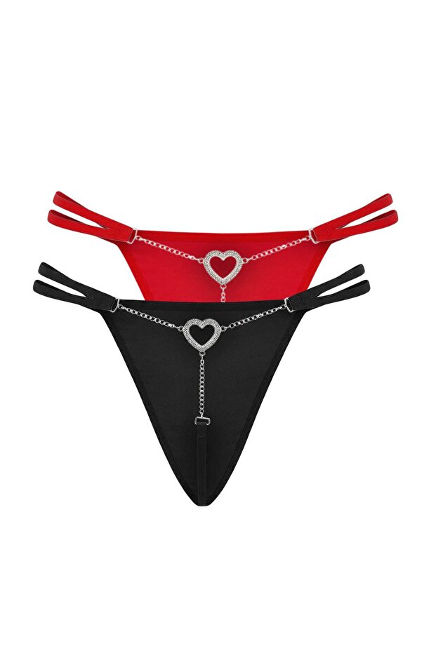 Siyah-Kırmızı 2'li Micro Kalp Aksesuar Detaylı String Külot THMSS26KU00006 - 8
