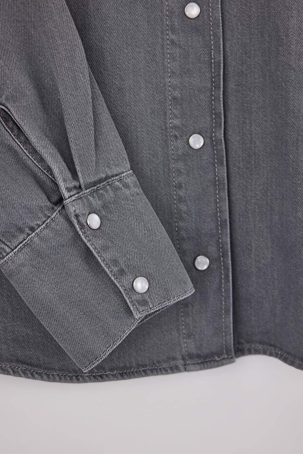 Gri Oversize Basic 100% Pamuk Denim Gömlek TWOSS26GO00005 - 7
