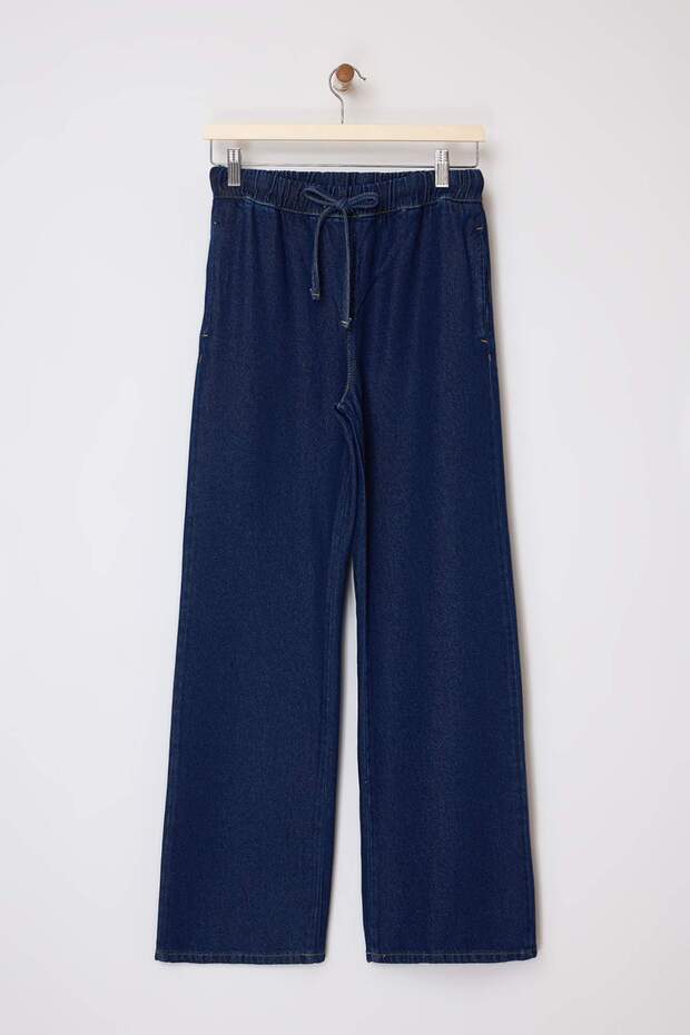 Koyu Mavi DÖKÜMLÜ Beli Lastikli Yüksek Bel Wide Leg Jeans TWOSS26JE00040 - 5