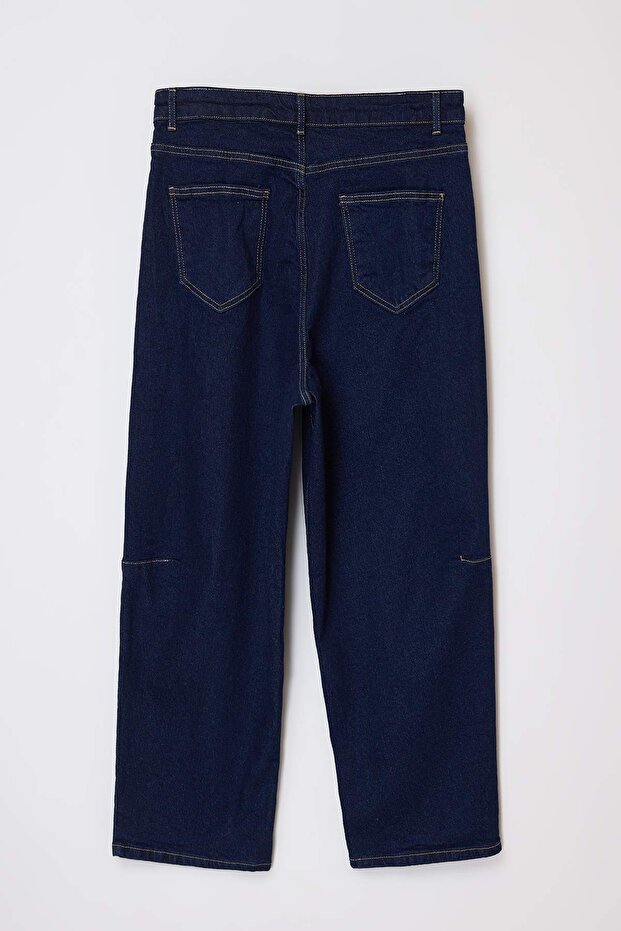 Koyu Mavi Yüksek Bel Comfort/Esnek Baggy Fit Denim Büyük Beden Jeans TBBSS26CJ00004 - 6