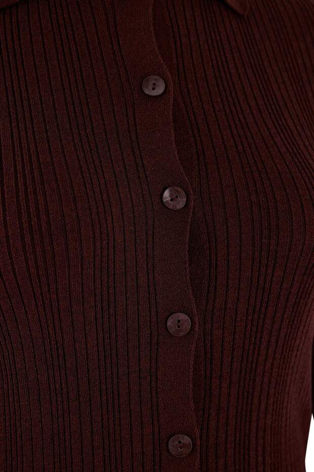 Bordo Merserize Görünümlü Fitilli Polo Yaka Triko Hırka TBBAW26AV00032 - 7