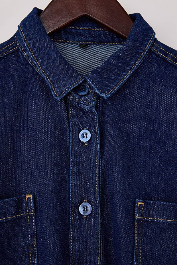 Koyu Mavi Belden Bağlamalı Tencel Karışımlı Denim Gömlek TWOSS26GO00006 - 6