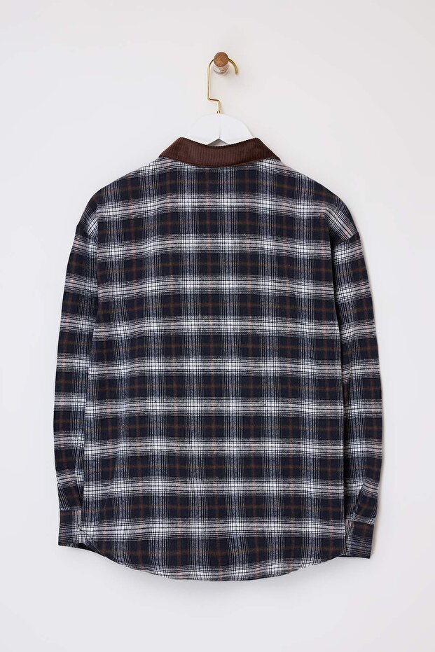 Kahverengi Ekoseli Yakası Fitilli Oversize Kalıp Flanel Gömlek TWOSS26GO00038 - 6