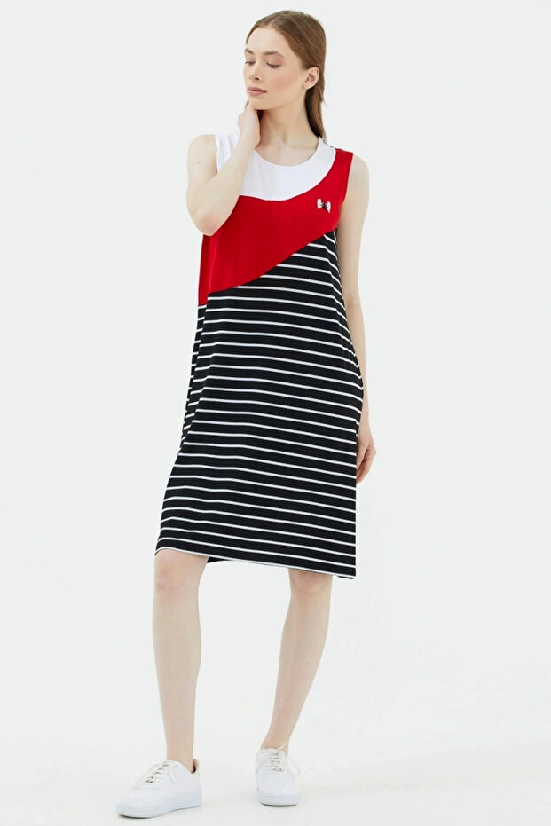 Kalın Askılı Çizgili Elbise - Siyah - 2