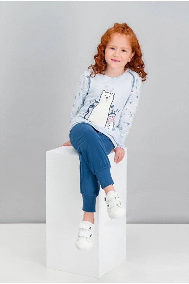 Winter White Bear Bluemelange Girls Pajama Set