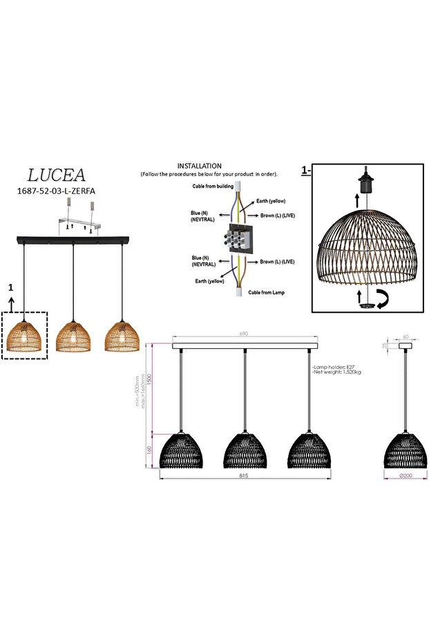 Zerfa 3 Lu Antik Sirali Avize 3xe27 - 2
