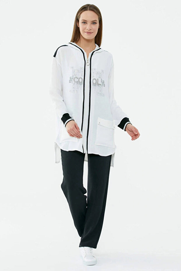 Comfortable Fit Hooded Crepe Suit with Pocket Detail Ecru