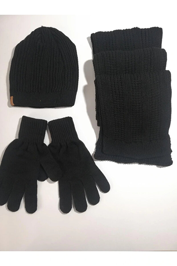 Men's Scarf & Beret & Gloves 3-Piece Set K22002-03-001 Black