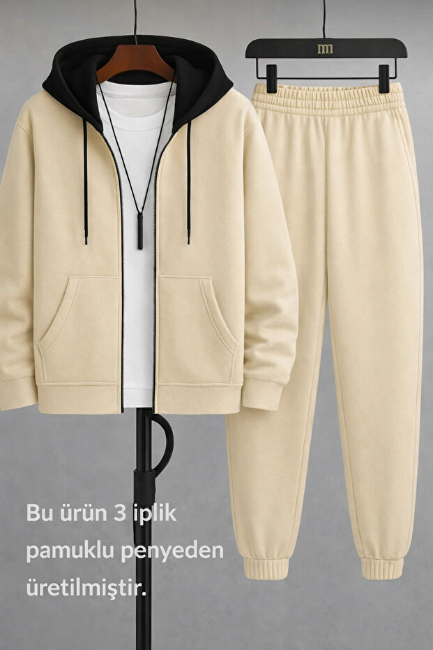 Color-Blocked Hooded Zippered Cardigan Tracksuit Set, Thick 3-Thread Fabric