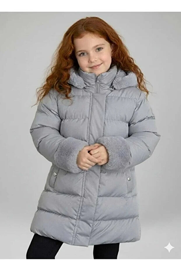 Girl's Puffer Jacket Coat Grey Color Fur Removable Hooded Inside Wool