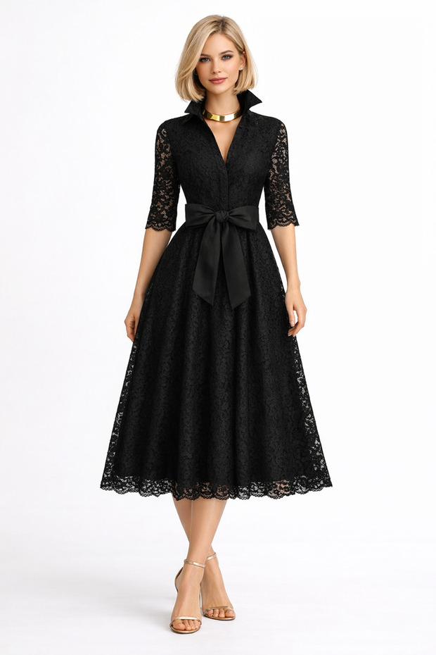 Rope-Trimmed Lace-Covered & Belted Black Midi Shirt Dress