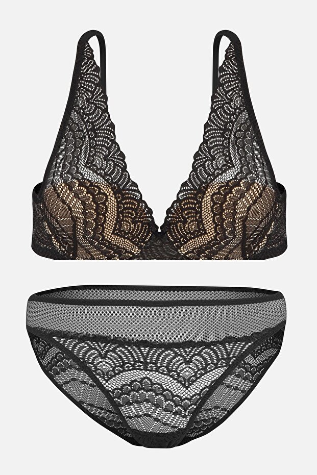 Lace Underwear Set - Unpadded - 2277 - Black Cap Color Stone